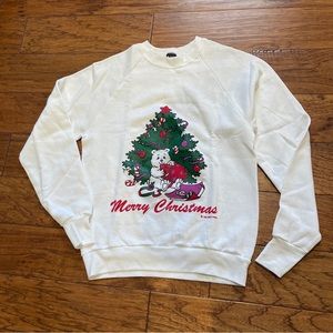 Vintage 1980s Screen Stars Sweatshirt Medium Merry Christmas Tree Teddy Bear NOS